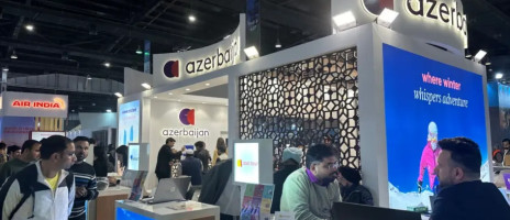 Vibrant Azerbaijan booth at the India Tourism Fair 2024 highlighting culture, hospitality, and attractions for international visitors.
