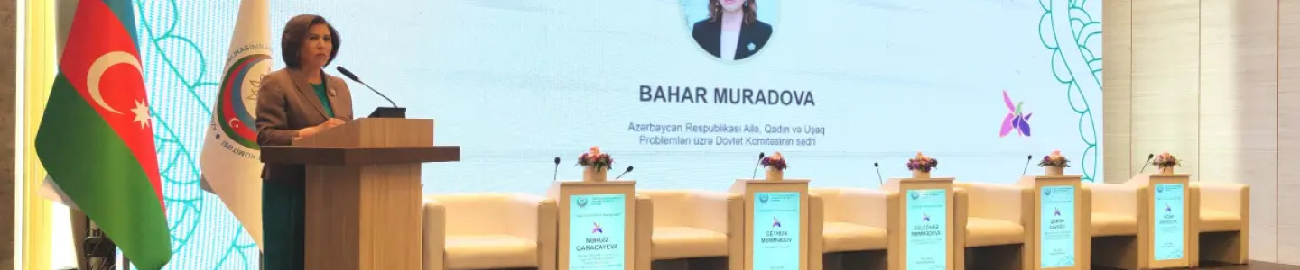 Banner of the “Women, Traditions, and Challenges in the Islamic World” conference in Shusha, highlighting BHT’s role in promoting cultural dialogue.