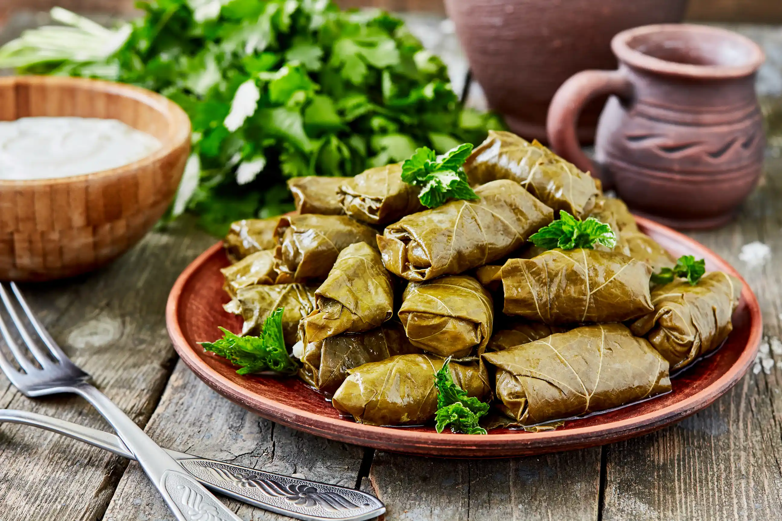 National Azerbaijani food, Grape Leaf Dolma (Yarpaq Dolması), with greens and yoghurt.