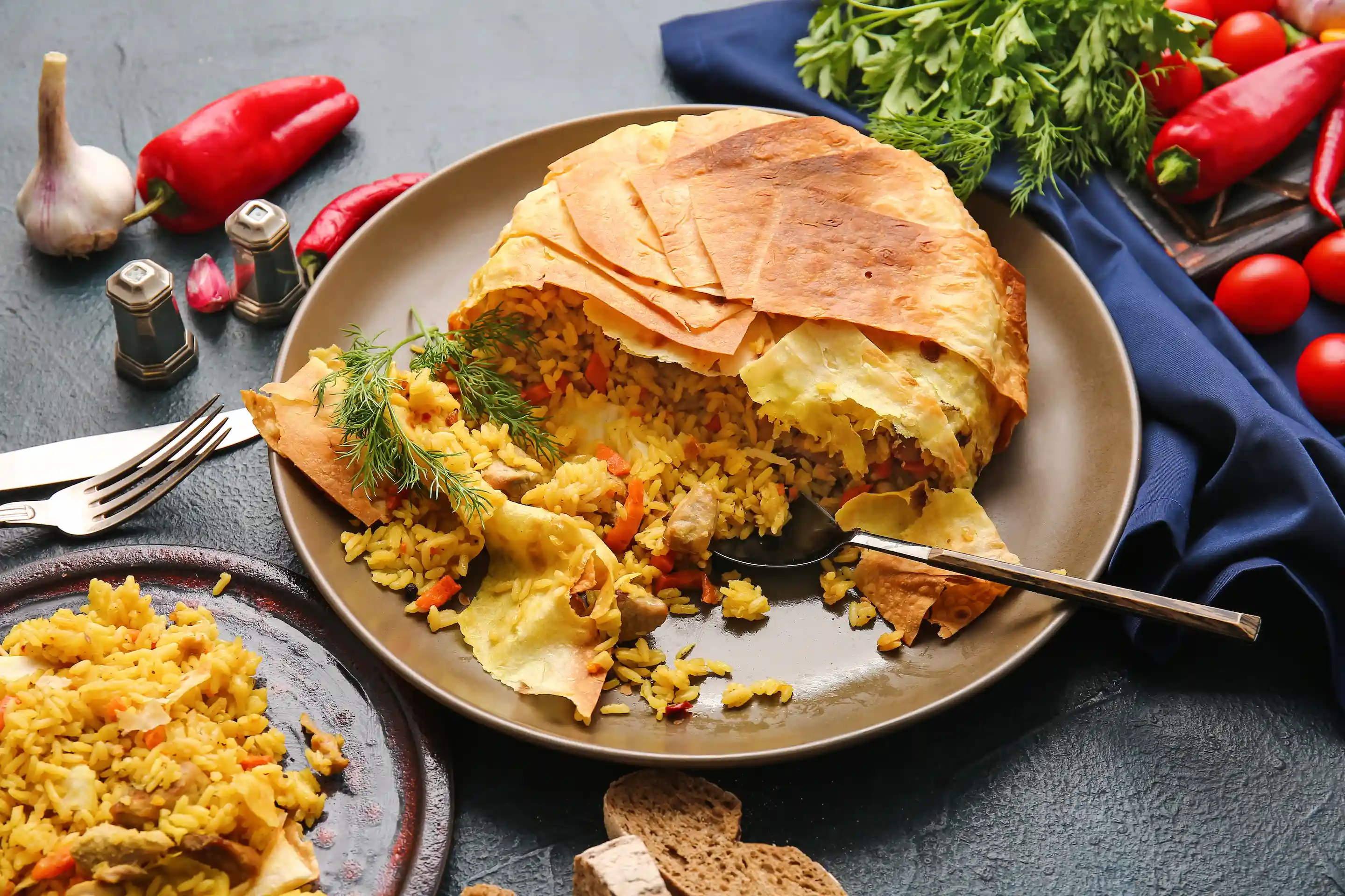Tasty Azerbaijani Shah Plov in crispy lavash.