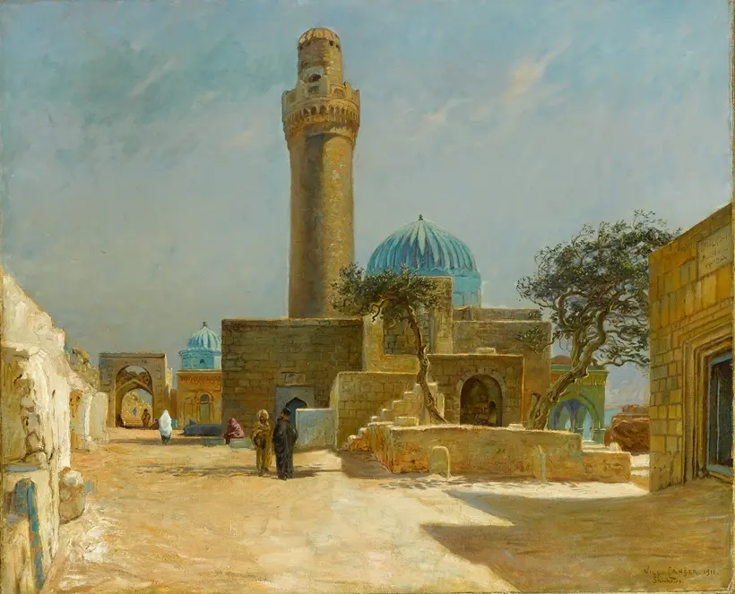 Exotic 1911 illustration of Bibiheybat Mosque in Baku with minaret and domes by artist Olaf Viggo Peter Langer.