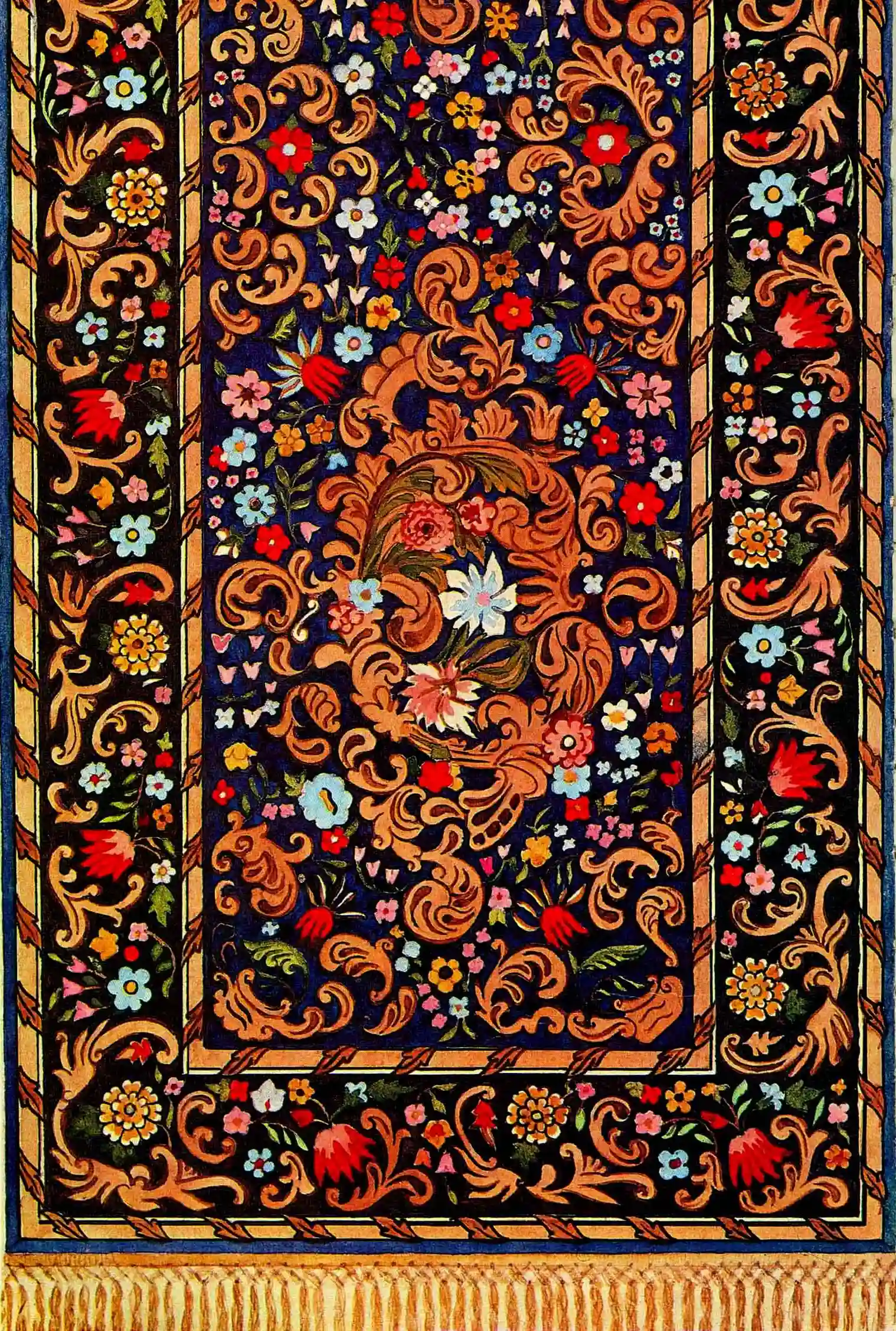 Bulud carpet that is made up of large leaf elements and bright floral motifs.