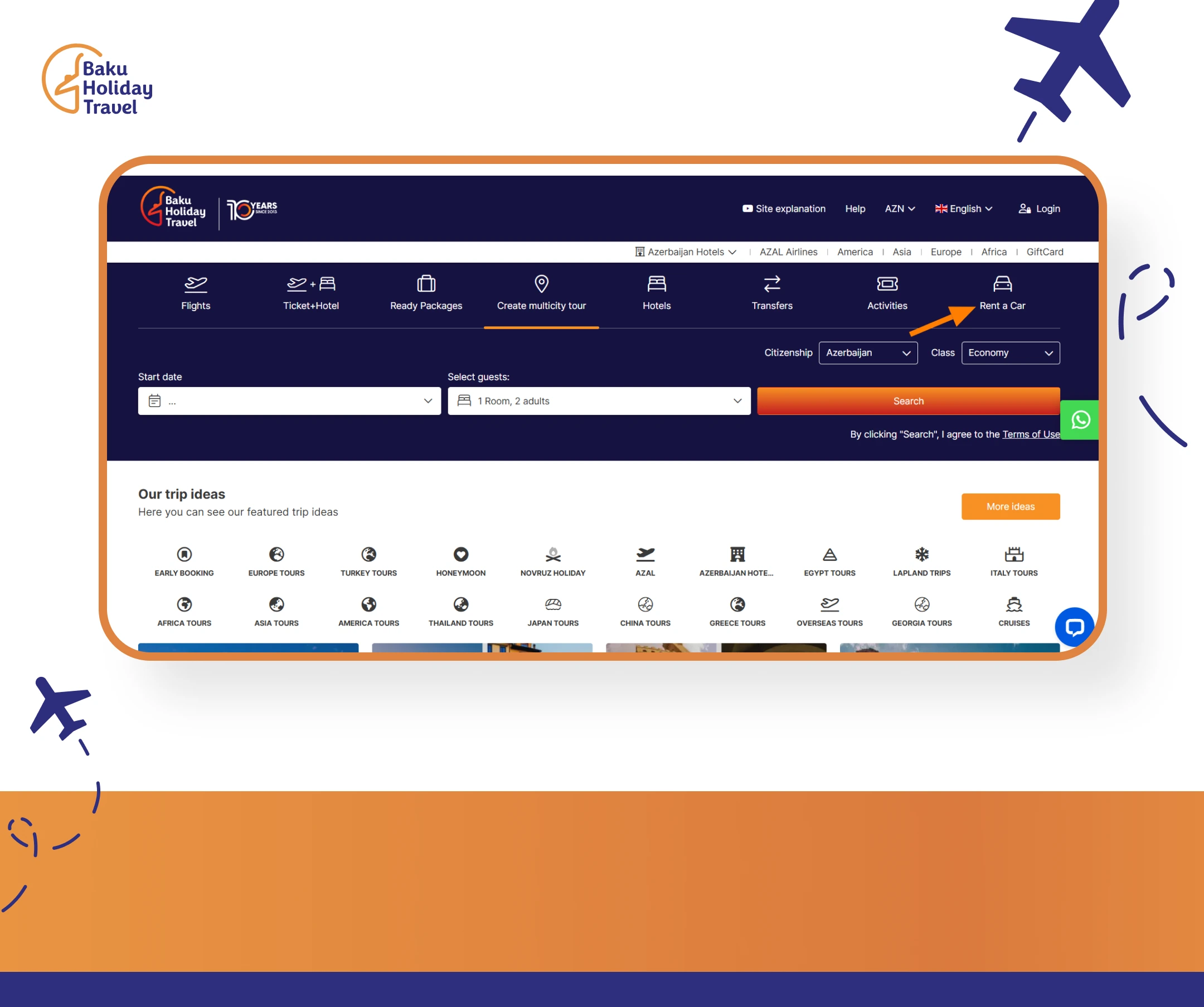 An orange arrow indicates the option to select "Rent a Car in Baku" on bht.az website’s homepage.