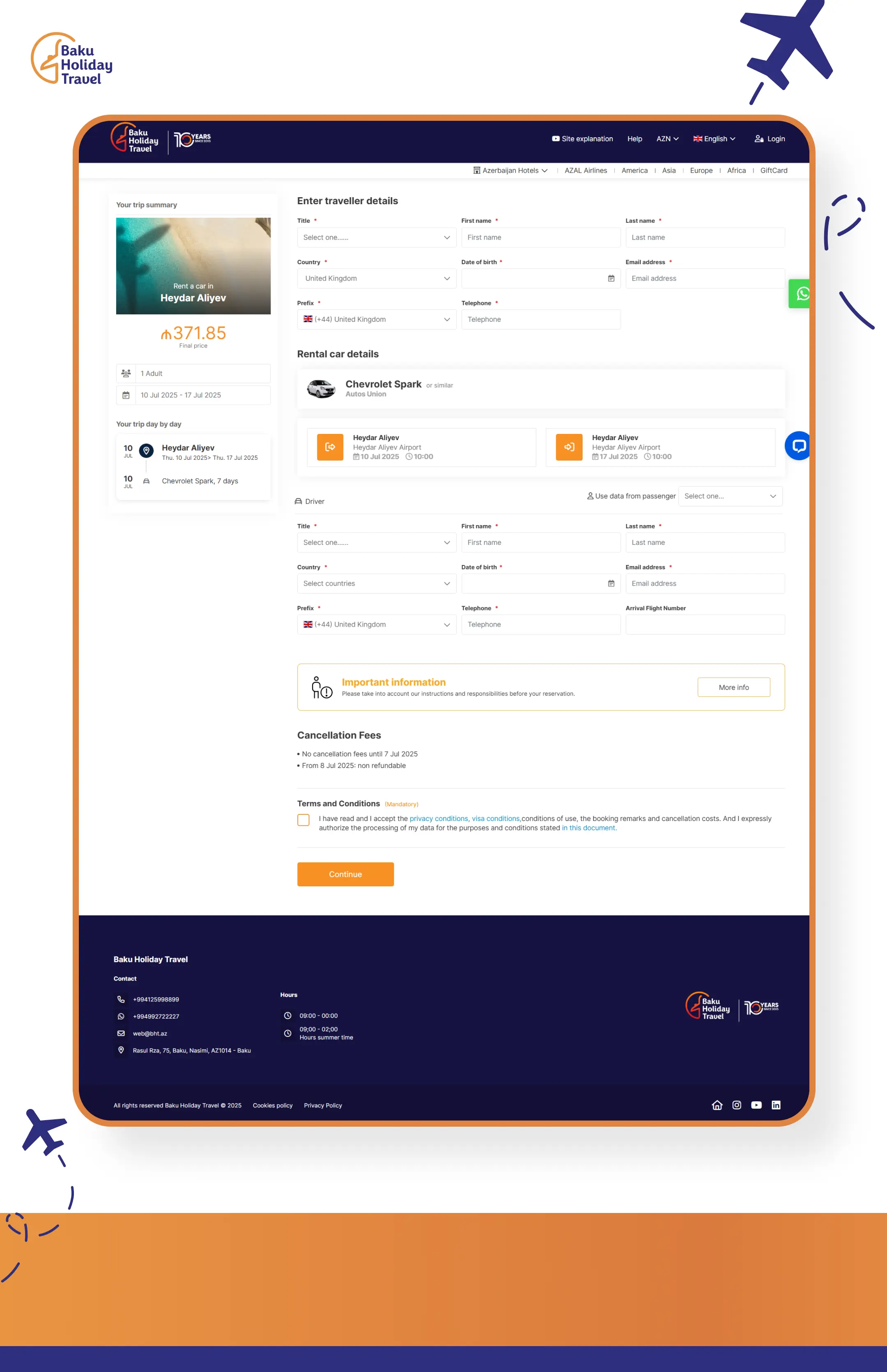 bht.az car rental page’s personal details section with the selection of a Chevrolet Spark for 7 days at the price of 371.85 AZN.