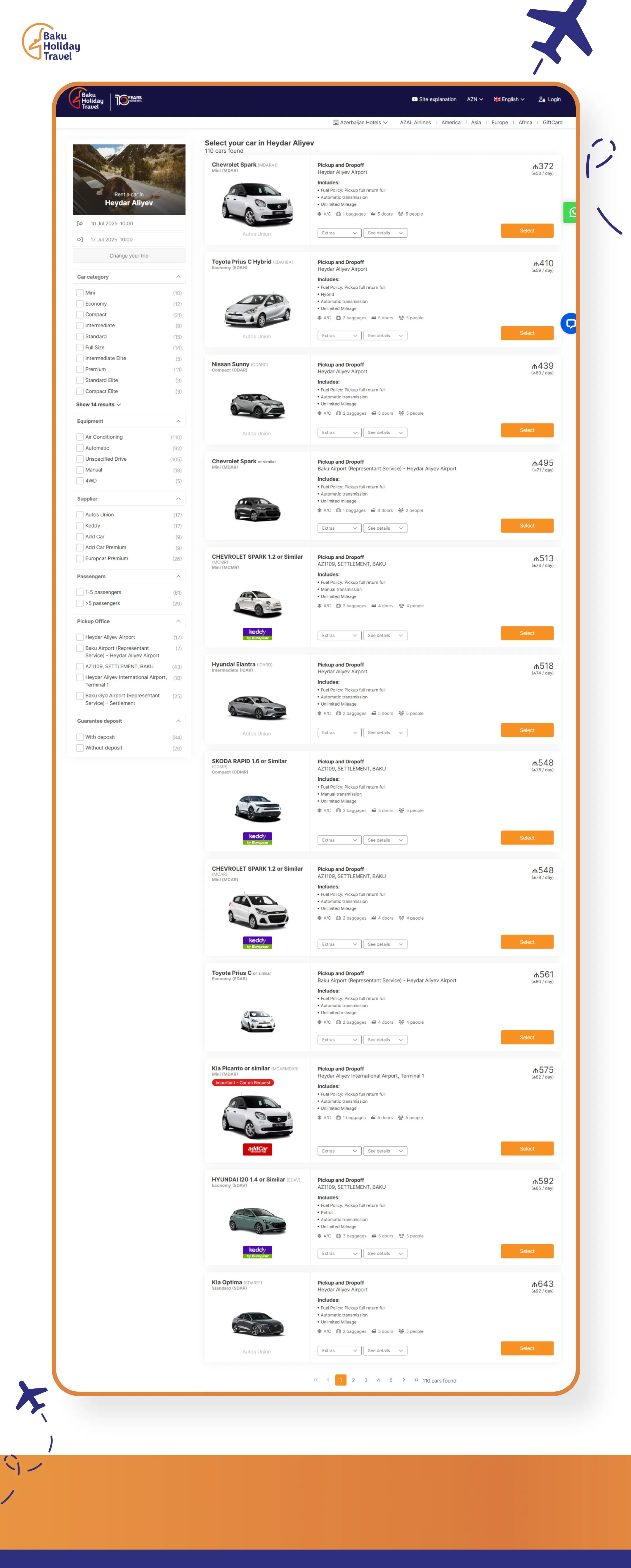 Car options from different rental companies at Heydar Aliyev International Airport on bht.az.