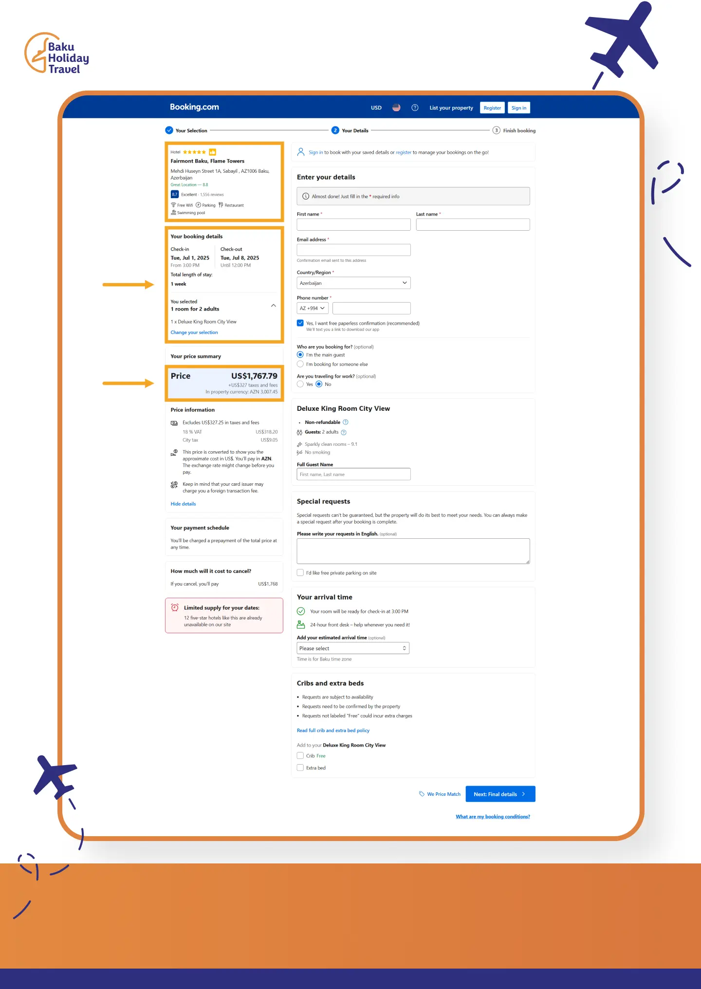 Fairmont Baku Flame Towers Deluxe King Room City View price for one week on booking.com.