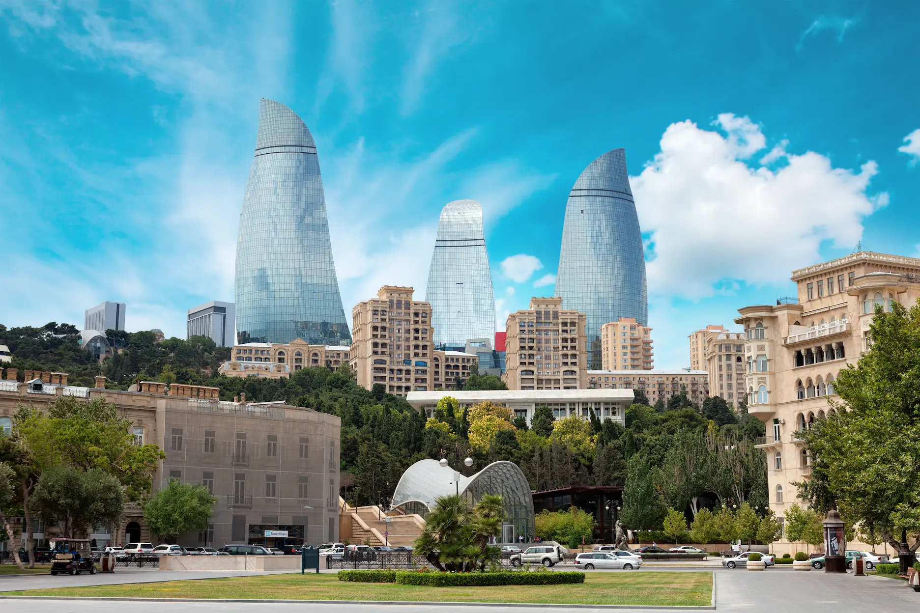 Rising Flame Towers in Baku on a beautiful day, visible from all parts of the city.