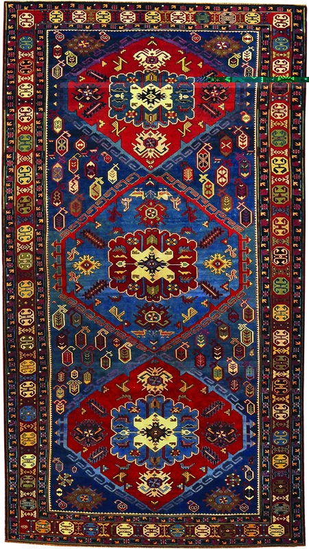 Baku-Absheron carpet weaving school’s Fatmayi rug with an oak-brown color and various elements on the surface.