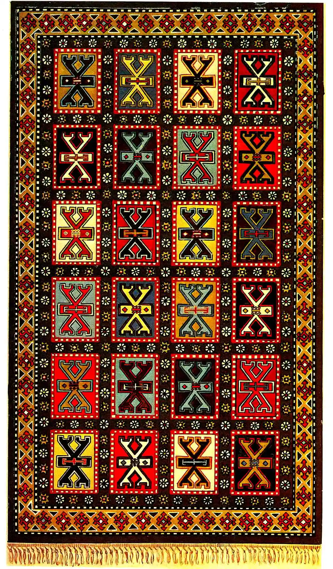 Ancient Ganja pile carpet with a "Panja" image woven from silk and sheep wool.