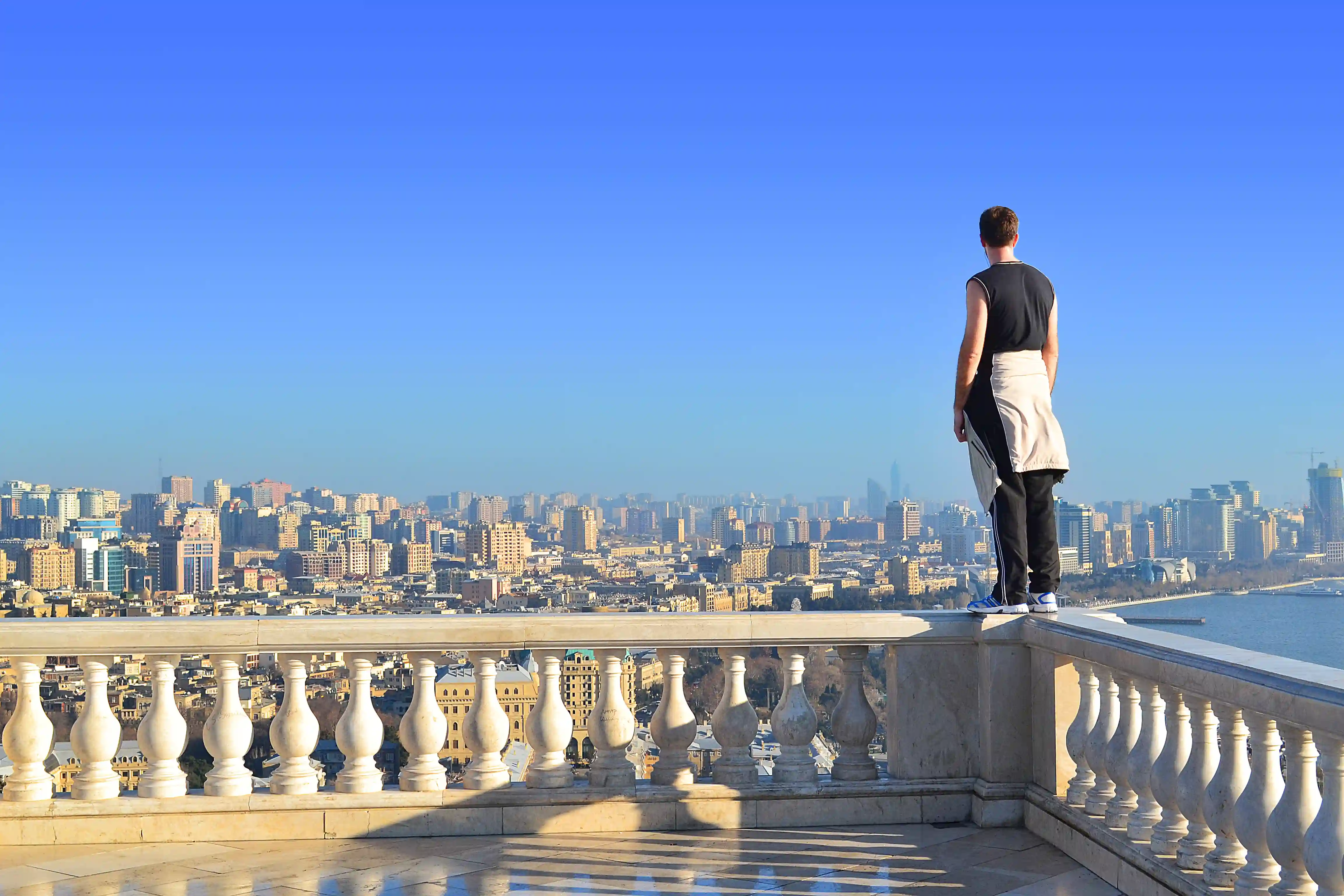 Beautiful panoramic view from Highland Park to the city of Baku on a sunny day.