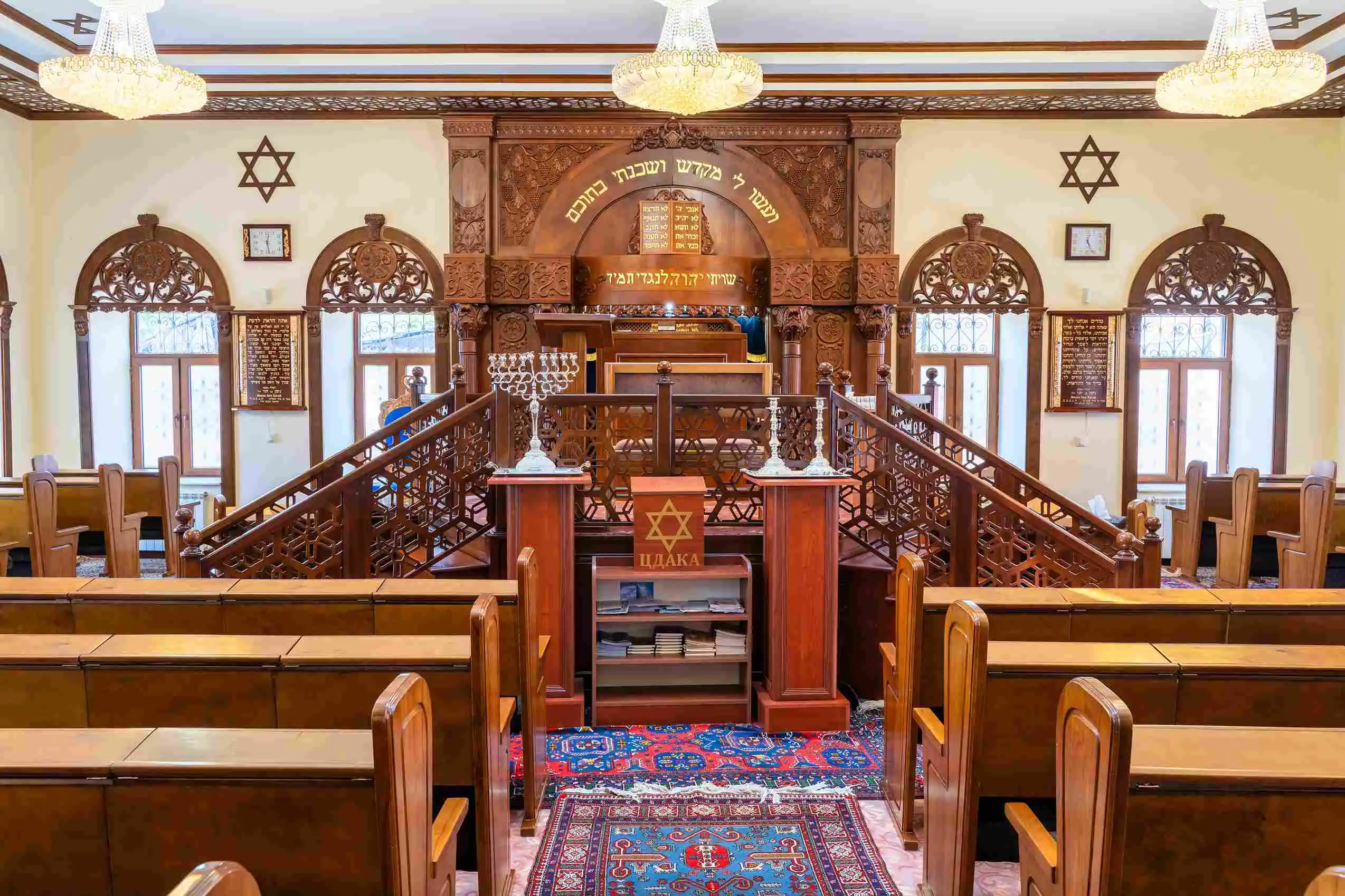 Interior elements of the Hilaki or Gilaki Synagogue in the Red Settlement of Quba, like chairs and prayer books.