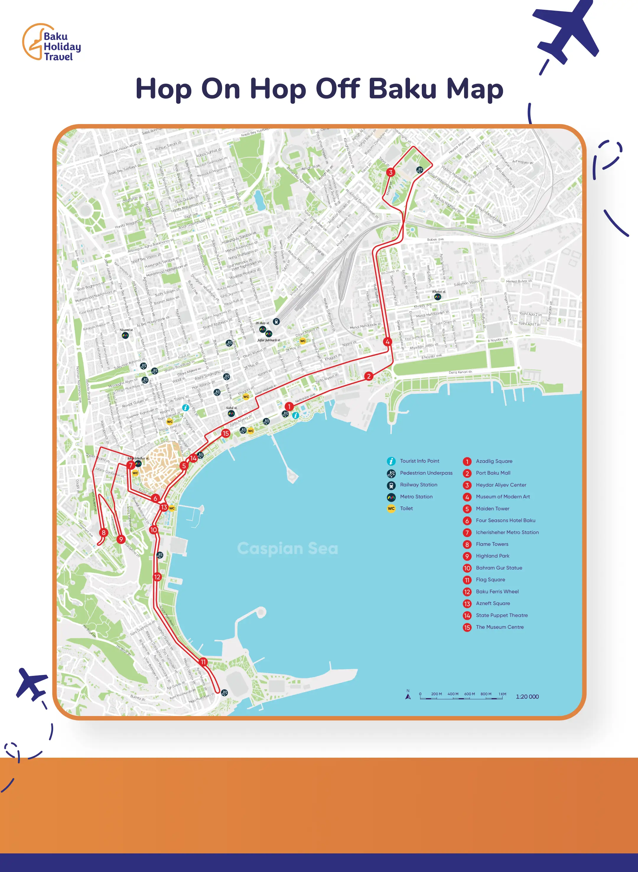 Hop-on hop-off Baku map shows all 15 stations and routes for the city bus tour, including tourist info points, etc.