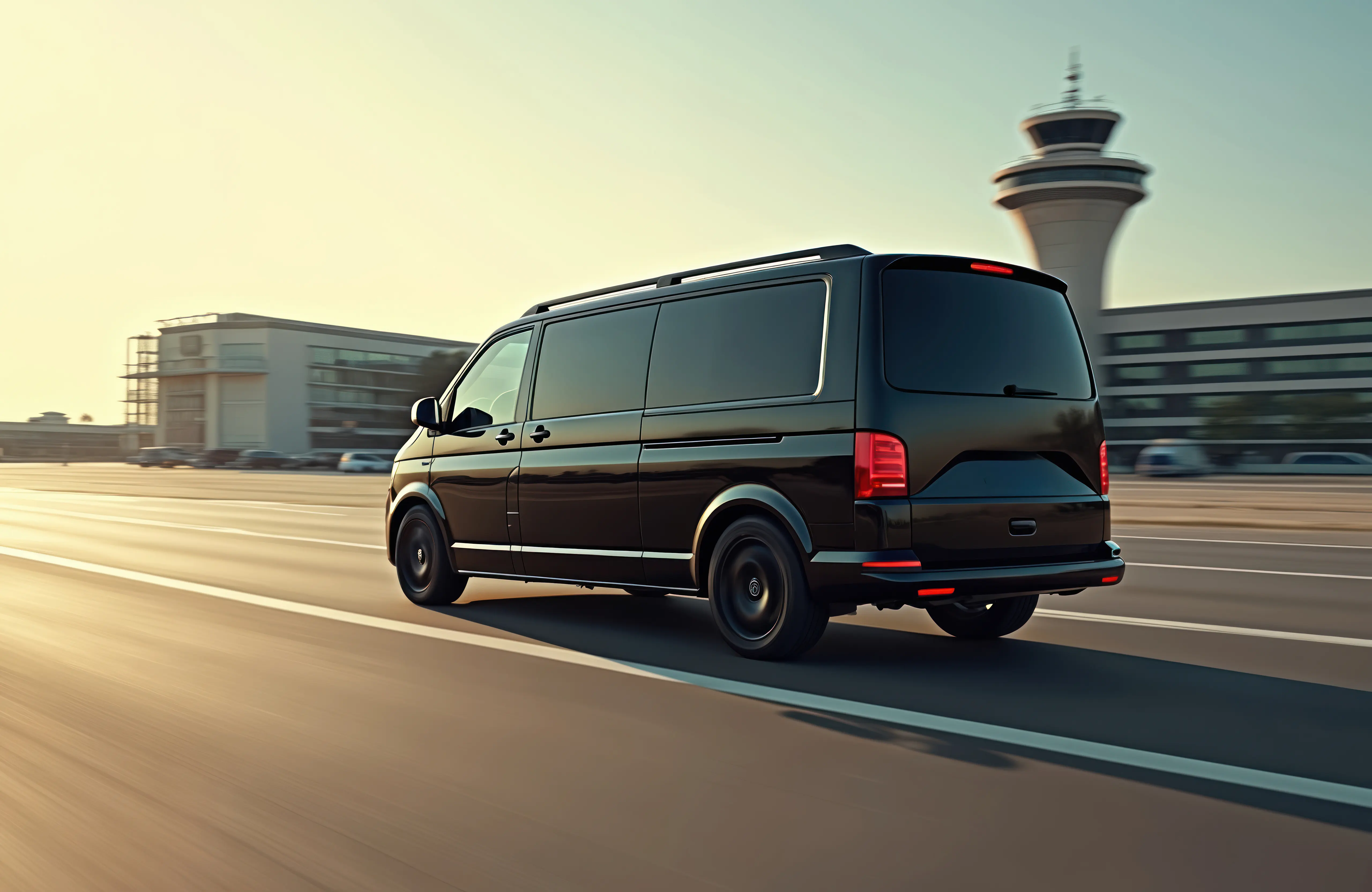 A hotel shuttle bus on the way to Baku Airport to take the guests.