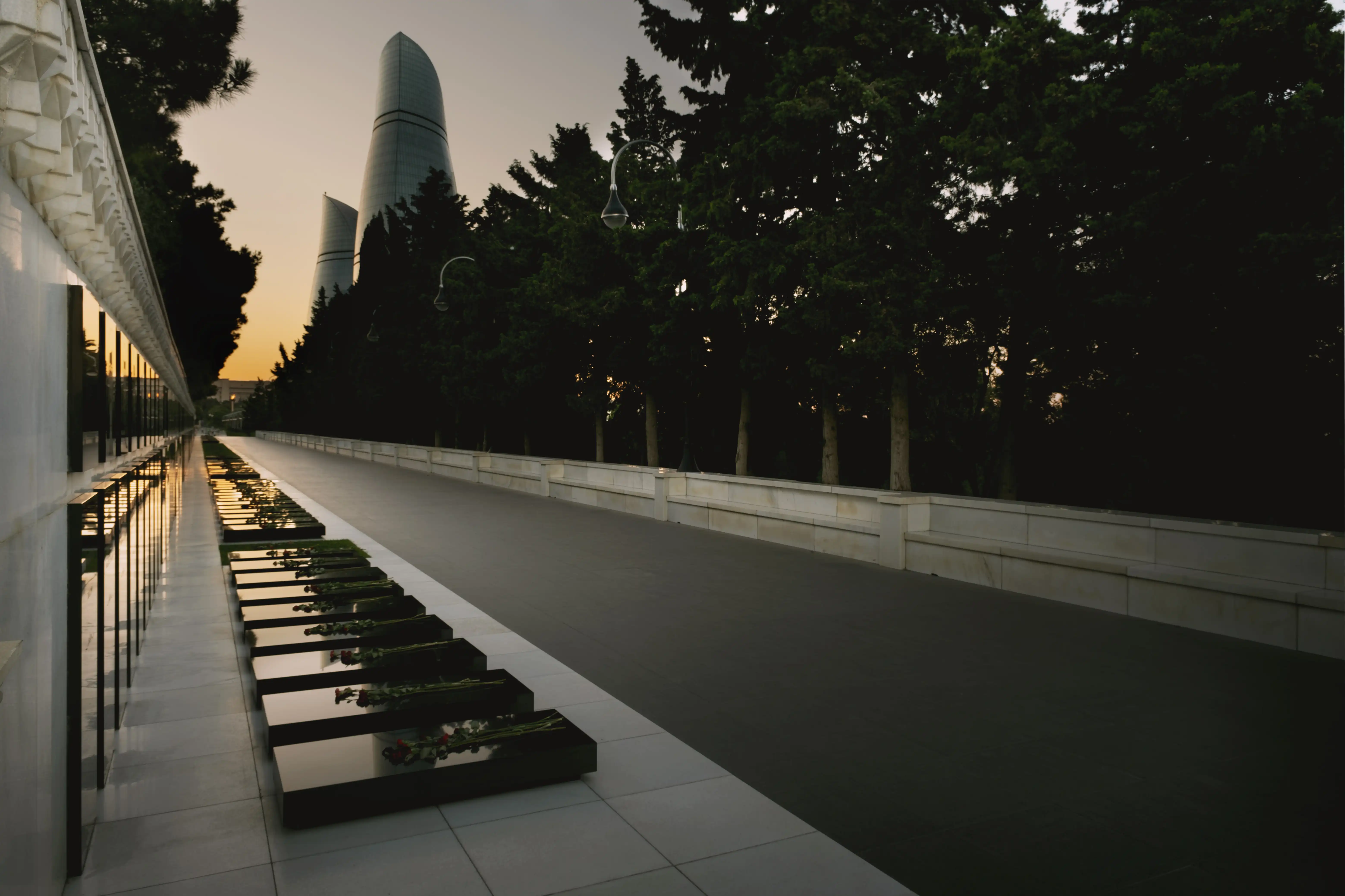 Martyrs’ Lane in Highland Park, Baku, at sunset.