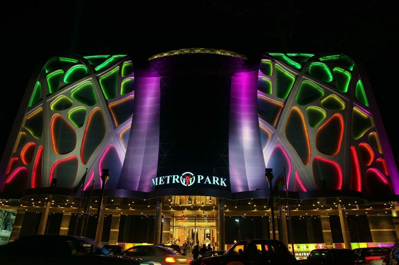 Colorful Metropark Shopping Mall in Baku at night.