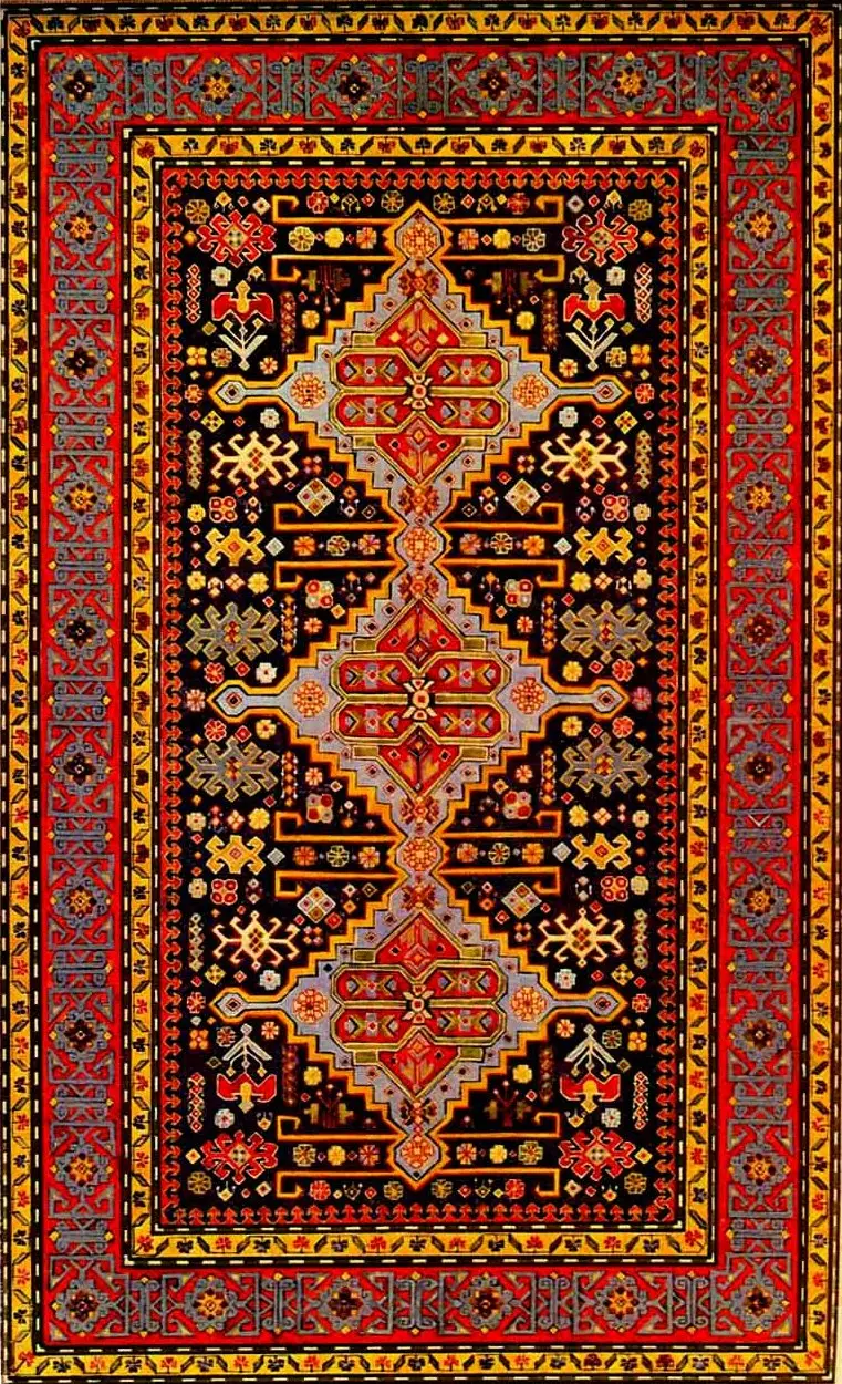 Abstract Nabur Azerbaijani carpet with complex ornamentation and a pile height of approximately 4-6 mm.