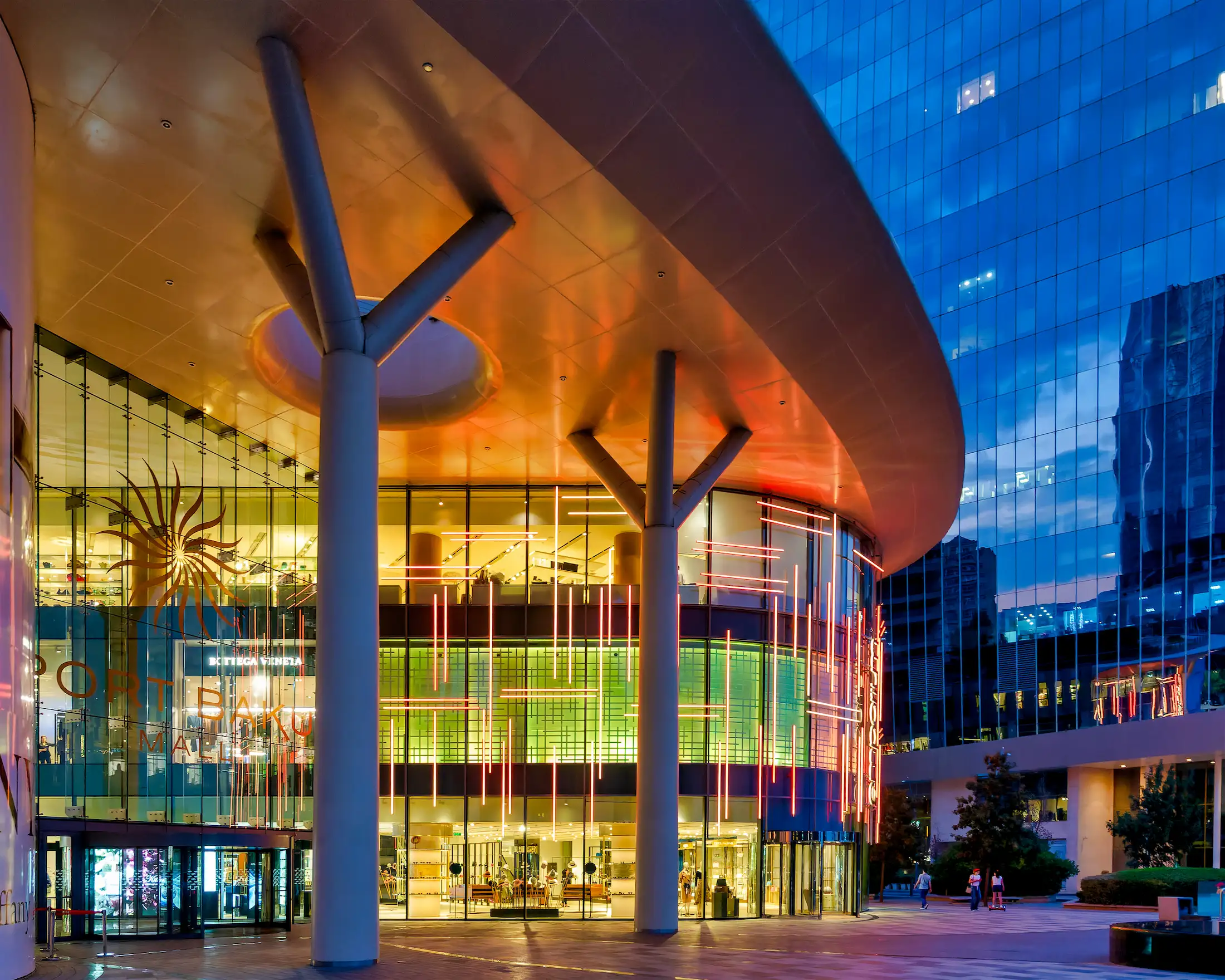 Luxurious Port Baku Mall at sunset.